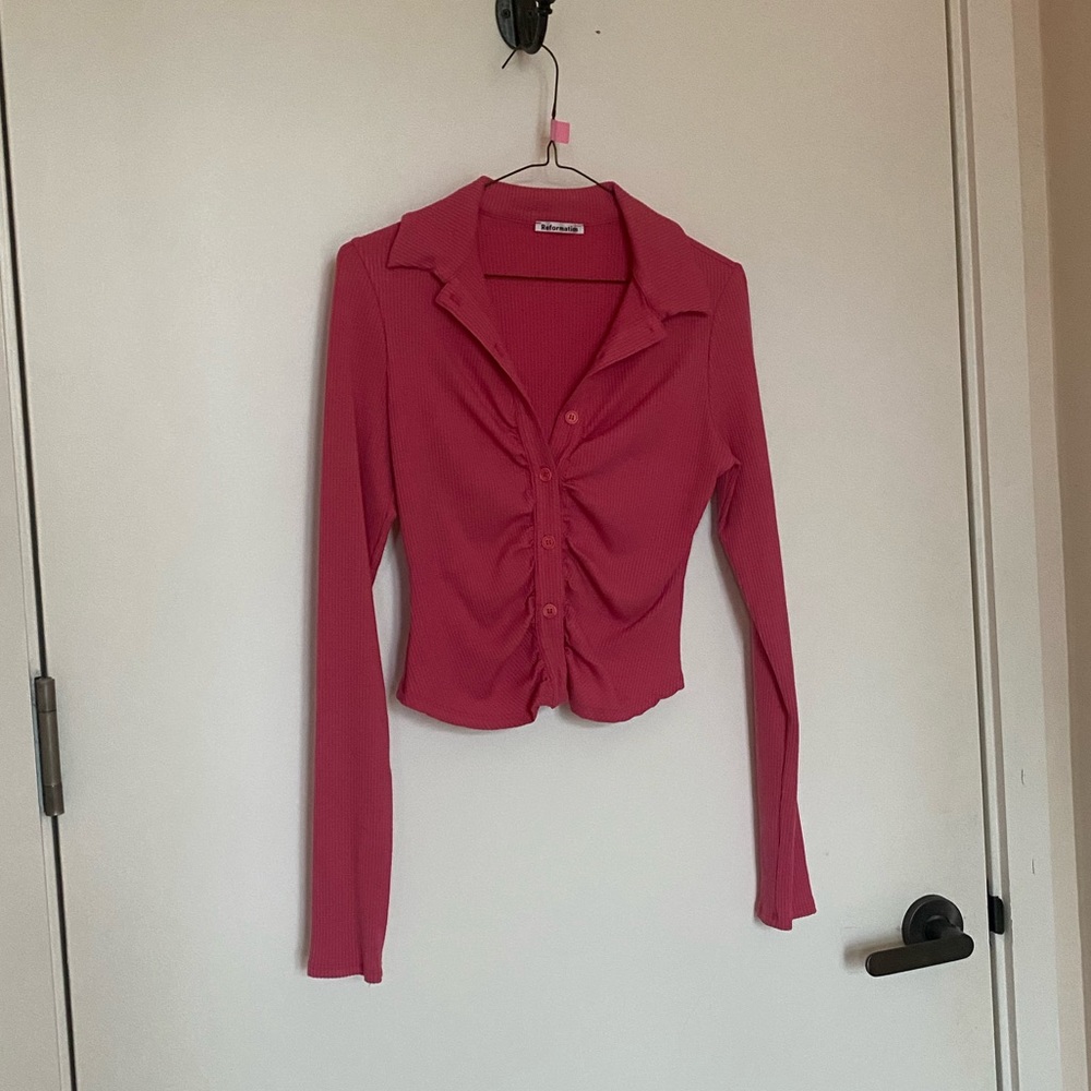Reformation Fuchsia Ribbed Button Down Shirt